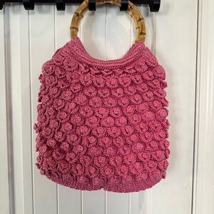 J Crew Pink Straw Hobo Bag Tote Double Bamboo Handles Large New